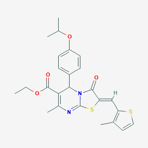 molecular formula C25H26N2O4S2 B329024 ethyl 5-(4-isopropoxyphenyl)-7-methyl-2-[(3-methyl-2-thienyl)methylene]-3-oxo-2,3-dihydro-5H-[1,3]thiazolo[3,2-a]pyrimidine-6-carboxylate 