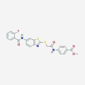 molecular formula C24H18FN3O4S2 B329048 Methyl 4-{[({6-[(2-fluorobenzoyl)amino]-1,3-benzothiazol-2-yl}sulfanyl)acetyl]amino}benzoate 