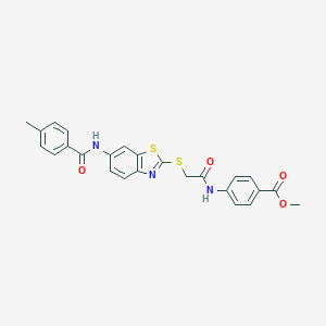 molecular formula C25H21N3O4S2 B329049 Methyl 4-({[(6-{[(4-methylphenyl)carbonyl]amino}-1,3-benzothiazol-2-yl)sulfanyl]acetyl}amino)benzoate 