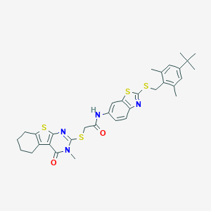 molecular formula C33H36N4O2S4 B329062 N-{2-[(4-tert-butyl-2,6-dimethylbenzyl)sulfanyl]-1,3-benzothiazol-6-yl}-2-[(3-methyl-4-oxo-3,4,5,6,7,8-hexahydro[1]benzothieno[2,3-d]pyrimidin-2-yl)sulfanyl]acetamide 