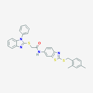 molecular formula C31H26N4OS3 B329063 N-{2-[(2,4-dimethylbenzyl)sulfanyl]-1,3-benzothiazol-6-yl}-2-[(1-phenyl-1H-benzimidazol-2-yl)sulfanyl]acetamide 