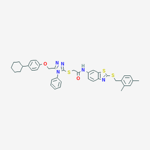 2-[[5-[(4-cyclohexylphenoxy)methyl]-4-phenyl-1,2,4-triazol-3-yl]sulfanyl]-N-[2-[(2,4-dimethylphenyl)methylsulfanyl]-1,3-benzothiazol-6-yl]acetamide