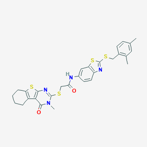 molecular formula C29H28N4O2S4 B329065 N-{2-[(2,4-dimethylbenzyl)sulfanyl]-1,3-benzothiazol-6-yl}-2-[(3-methyl-4-oxo-3,4,5,6,7,8-hexahydro[1]benzothieno[2,3-d]pyrimidin-2-yl)sulfanyl]acetamide 