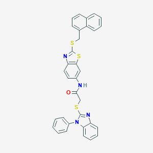 molecular formula C33H24N4OS3 B329067 N-{2-[(1-naphthylmethyl)sulfanyl]-1,3-benzothiazol-6-yl}-2-[(1-phenyl-1H-benzimidazol-2-yl)sulfanyl]acetamide 