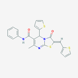 molecular formula C23H17N3O2S3 B329076 (2Z)-7-methyl-3-oxo-N-phenyl-5-(thiophen-2-yl)-2-(thiophen-2-ylmethylidene)-2,3-dihydro-5H-[1,3]thiazolo[3,2-a]pyrimidine-6-carboxamide 