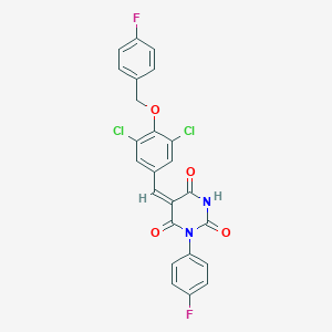 molecular formula C24H14Cl2F2N2O4 B329117 (5E)-5-{3,5-dichloro-4-[(4-fluorobenzyl)oxy]benzylidene}-1-(4-fluorophenyl)pyrimidine-2,4,6(1H,3H,5H)-trione 