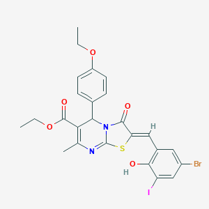 molecular formula C25H22BrIN2O5S B329137 ethyl (2Z)-2-(5-bromo-2-hydroxy-3-iodobenzylidene)-5-(4-ethoxyphenyl)-7-methyl-3-oxo-2,3-dihydro-5H-[1,3]thiazolo[3,2-a]pyrimidine-6-carboxylate 