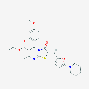 molecular formula C28H31N3O5S B329139 ethyl 5-(4-ethoxyphenyl)-7-methyl-3-oxo-2-{[5-(1-piperidinyl)-2-furyl]methylene}-2,3-dihydro-5H-[1,3]thiazolo[3,2-a]pyrimidine-6-carboxylate 