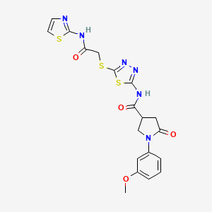molecular formula C19H18N6O4S3 B3291419 1-(3-methoxyphenyl)-5-oxo-N-(5-((2-oxo-2-(thiazol-2-ylamino)ethyl)thio)-1,3,4-thiadiazol-2-yl)pyrrolidine-3-carboxamide CAS No. 872595-28-3