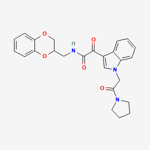 molecular formula C25H25N3O5 B3291476 N-((2,3-dihydrobenzo[b][1,4]dioxin-2-yl)methyl)-2-oxo-2-(1-(2-oxo-2-(pyrrolidin-1-yl)ethyl)-1H-indol-3-yl)acetamide CAS No. 872855-00-0