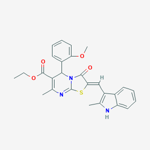 molecular formula C27H25N3O4S B329197 ethyl 5-(2-methoxyphenyl)-7-methyl-2-[(2-methyl-1H-indol-3-yl)methylene]-3-oxo-2,3-dihydro-5H-[1,3]thiazolo[3,2-a]pyrimidine-6-carboxylate 
