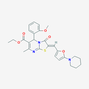molecular formula C27H29N3O5S B329201 ethyl 5-(2-methoxyphenyl)-7-methyl-3-oxo-2-{[5-(1-piperidinyl)-2-furyl]methylene}-2,3-dihydro-5H-[1,3]thiazolo[3,2-a]pyrimidine-6-carboxylate 