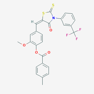 molecular formula C26H18F3NO4S2 B329214 2-Methoxy-4-({4-oxo-2-thioxo-3-[3-(trifluoromethyl)phenyl]-1,3-thiazolidin-5-ylidene}methyl)phenyl 4-methylbenzoate 