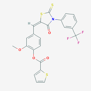 molecular formula C23H14F3NO4S3 B329218 2-Methoxy-4-({4-oxo-2-thioxo-3-[3-(trifluoromethyl)phenyl]-1,3-thiazolidin-5-ylidene}methyl)phenyl 2-thiophenecarboxylate 