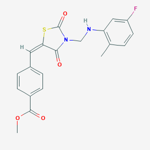 molecular formula C20H17FN2O4S B329247 Methyl 4-({3-[(5-fluoro-2-methylanilino)methyl]-2,4-dioxo-1,3-thiazolidin-5-ylidene}methyl)benzoate 