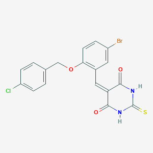 molecular formula C18H12BrClN2O3S B329251 5-{5-bromo-2-[(4-chlorobenzyl)oxy]benzylidene}-2-thioxodihydropyrimidine-4,6(1H,5H)-dione 