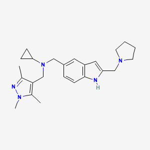 molecular formula C24H33N5 B3292746 N-((2-(Pyrrolidin-1-ylmethyl)-1H-indol-5-yl)methyl)-N-((1,3,5-trimethyl-1H-pyrazol-4-yl)methyl)cyclopropanamine CAS No. 880360-99-6
