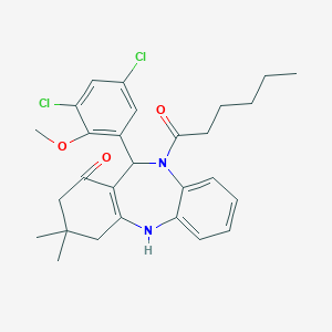 molecular formula C28H32Cl2N2O3 B329275 11-(3,5-dichloro-2-methoxyphenyl)-10-hexanoyl-3,3-dimethyl-2,3,4,5,10,11-hexahydro-1H-dibenzo[b,e][1,4]diazepin-1-one 