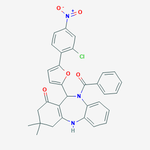 molecular formula C32H26ClN3O5 B329330 {11-[5-(2-chloro-4-nitrophenyl)furan-2-yl]-1-hydroxy-3,3-dimethyl-2,3,4,11-tetrahydro-10H-dibenzo[b,e][1,4]diazepin-10-yl}(phenyl)methanone 