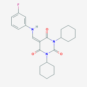 molecular formula C23H28FN3O3 B329391 1,3-dicyclohexyl-5-[(3-fluoroanilino)methylidene]-1,3-diazinane-2,4,6-trione 