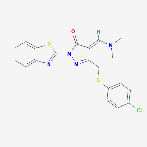 molecular formula C20H17ClN4OS2 B329407 2-(1,3-benzothiazol-2-yl)-5-{[(4-chlorophenyl)sulfanyl]methyl}-4-[(dimethylamino)methylene]-2,4-dihydro-3H-pyrazol-3-one 