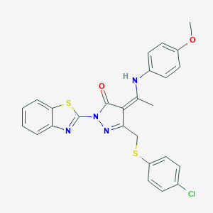 (4Z)-2-(1,3-benzothiazol-2-yl)-5-[(4-chlorophenyl)sulfanylmethyl]-4-[1-(4-methoxyanilino)ethylidene]pyrazol-3-one