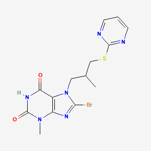 molecular formula C14H15BrN6O2S B3295433 8-bromo-3-methyl-7-(2-methyl-3-(pyrimidin-2-ylthio)propyl)-1H-purine-2,6(3H,7H)-dione CAS No. 887864-56-4