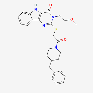 molecular formula C27H30N4O3S B3295561 2-((2-(4-benzylpiperidin-1-yl)-2-oxoethyl)thio)-3-(2-methoxyethyl)-3H-pyrimido[5,4-b]indol-4(5H)-one CAS No. 888436-11-1