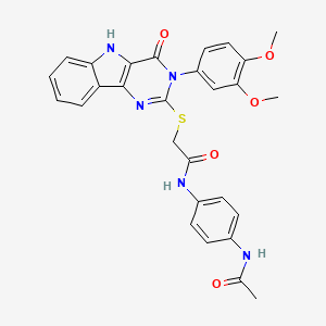 molecular formula C28H25N5O5S B3295595 2-{[3-(3,4-dimethoxyphenyl)-4-oxo-3H,4H,5H-pyrimido[5,4-b]indol-2-yl]sulfanyl}-N-(4-acetamidophenyl)acetamide CAS No. 888440-53-7