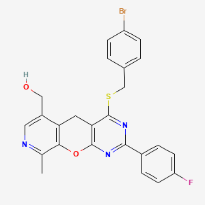 molecular formula C25H19BrFN3O2S B3296206 (7-{[(4-Bromophenyl)methyl]sulfanyl}-5-(4-fluorophenyl)-14-methyl-2-oxa-4,6,13-triazatricyclo[8.4.0.0^{3,8}]tetradeca-1(10),3(8),4,6,11,13-hexaen-11-yl)methanol CAS No. 892418-06-3