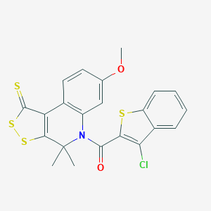 molecular formula C22H16ClNO2S4 B329636 5-[(3-chloro-1-benzothien-2-yl)carbonyl]-7-methoxy-4,4-dimethyl-4,5-dihydro-1H-[1,2]dithiolo[3,4-c]quinoline-1-thione 