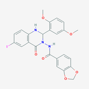 molecular formula C24H20IN3O6 B329637 N-(2-(2,5-dimethoxyphenyl)-6-iodo-4-oxo-1,4-dihydro-3(2H)-quinazolinyl)-1,3-benzodioxole-5-carboxamide 