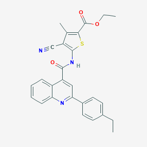 molecular formula C27H23N3O3S B329690 Ethyl 4-cyano-5-({[2-(4-ethylphenyl)-4-quinolinyl]carbonyl}amino)-3-methyl-2-thiophenecarboxylate 