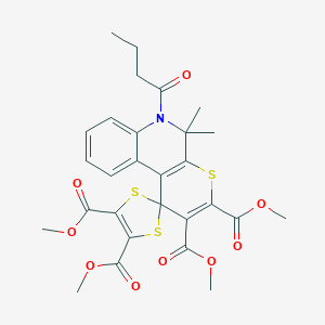 molecular formula C28H29NO9S3 B329699 Tetramethyl 6'-butanoyl-5',5'-dimethyl-5',6'-dihydrospiro[1,3-dithiole-2,1'-thiopyrano[2,3-c]quinoline]-2',3',4,5-tetracarboxylate 