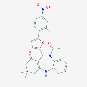 molecular formula C28H27N3O5 B329756 10-acetyl-11-(5-{4-nitro-2-methylphenyl}-2-furyl)-3,3-dimethyl-2,3,4,5,10,11-hexahydro-1H-dibenzo[b,e][1,4]diazepin-1-one 