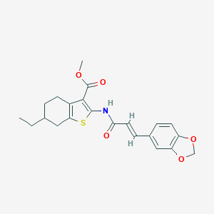 molecular formula C22H23NO5S B329810 Methyl 2-{[3-(1,3-benzodioxol-5-yl)acryloyl]amino}-6-ethyl-4,5,6,7-tetrahydro-1-benzothiophene-3-carboxylate 
