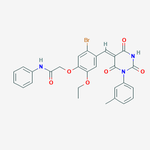 molecular formula C28H24BrN3O6 B329887 2-{5-bromo-2-ethoxy-4-[(1-(3-methylphenyl)-2,4,6-trioxotetrahydro-5(2H)-pyrimidinylidene)methyl]phenoxy}-N-phenylacetamide 