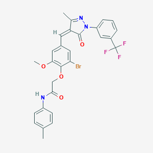 molecular formula C28H23BrF3N3O4 B329908 2-{2-bromo-6-methoxy-4-[(Z)-{3-methyl-5-oxo-1-[3-(trifluoromethyl)phenyl]-1,5-dihydro-4H-pyrazol-4-ylidene}methyl]phenoxy}-N-(4-methylphenyl)acetamide 