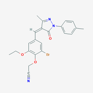 molecular formula C22H20BrN3O3 B329909 2-(2-bromo-6-ethoxy-4-{[3-methyl-1-(4-methylphenyl)-5-oxo-1,5-dihydro-4H-pyrazol-4-ylidene]methyl}phenoxy)acetonitrile 