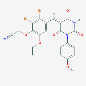 molecular formula C22H17Br2N3O6 B329915 2-(2,3-dibromo-6-ethoxy-4-{[1-(4-methoxyphenyl)-2,4,6-trioxotetrahydro-5(2H)-pyrimidinylidene]methyl}phenoxy)acetonitrile 