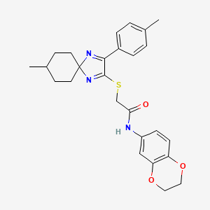 molecular formula C26H29N3O3S B3299522 N-(2,3-Dihydro-1,4-benzodioxin-6-YL)-2-{[8-methyl-3-(4-methylphenyl)-1,4-diazaspiro[4.5]deca-1,3-dien-2-YL]sulfanyl}acetamide CAS No. 899911-46-7
