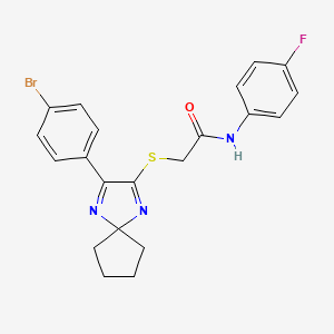 molecular formula C21H19BrFN3OS B3299563 2-((3-(4-bromophenyl)-1,4-diazaspiro[4.4]nona-1,3-dien-2-yl)thio)-N-(4-fluorophenyl)acetamide CAS No. 899913-12-3