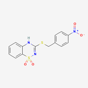 molecular formula C14H11N3O4S2 B3300047 3-((4-nitrobenzyl)thio)-4H-benzo[e][1,2,4]thiadiazine 1,1-dioxide CAS No. 899977-02-7