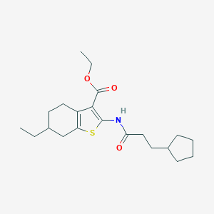 molecular formula C21H31NO3S B330008 Ethyl 2-[(3-cyclopentylpropanoyl)amino]-6-ethyl-4,5,6,7-tetrahydro-1-benzothiophene-3-carboxylate 