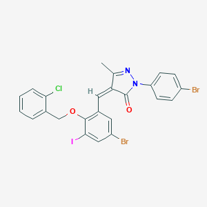 molecular formula C24H16Br2ClIN2O2 B330014 4-{5-bromo-2-[(2-chlorobenzyl)oxy]-3-iodobenzylidene}-2-(4-bromophenyl)-5-methyl-2,4-dihydro-3H-pyrazol-3-one 