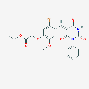 molecular formula C23H21BrN2O7 B330027 ethyl {5-bromo-2-methoxy-4-[(1-(4-methylphenyl)-2,4,6-trioxotetrahydro-5(2H)-pyrimidinylidene)methyl]phenoxy}acetate 