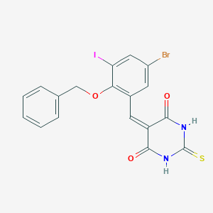 molecular formula C18H12BrIN2O3S B330028 5-[2-(benzyloxy)-5-bromo-3-iodobenzylidene]-2-thioxodihydro-4,6(1H,5H)-pyrimidinedione 