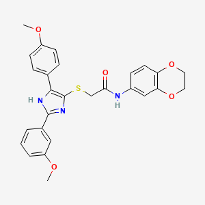 molecular formula C27H25N3O5S B3300425 N-(2,3-dihydro-1,4-benzodioxin-6-yl)-2-{[2-(3-methoxyphenyl)-5-(4-methoxyphenyl)-1H-imidazol-4-yl]sulfanyl}acetamide CAS No. 901265-98-3