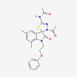 molecular formula C23H24N4O4S B3300500 N-[3'-acetyl-5,7-dimethyl-2-oxo-1-(2-phenoxyethyl)-1,2-dihydro-3'H-spiro[indole-3,2'-[1,3,4]thiadiazole]-5'-yl]acetamide CAS No. 902248-86-6