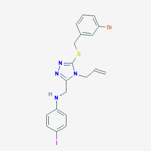 molecular formula C19H18BrIN4S B330093 N-({4-allyl-5-[(3-bromobenzyl)sulfanyl]-4H-1,2,4-triazol-3-yl}methyl)-N-(4-iodophenyl)amine 